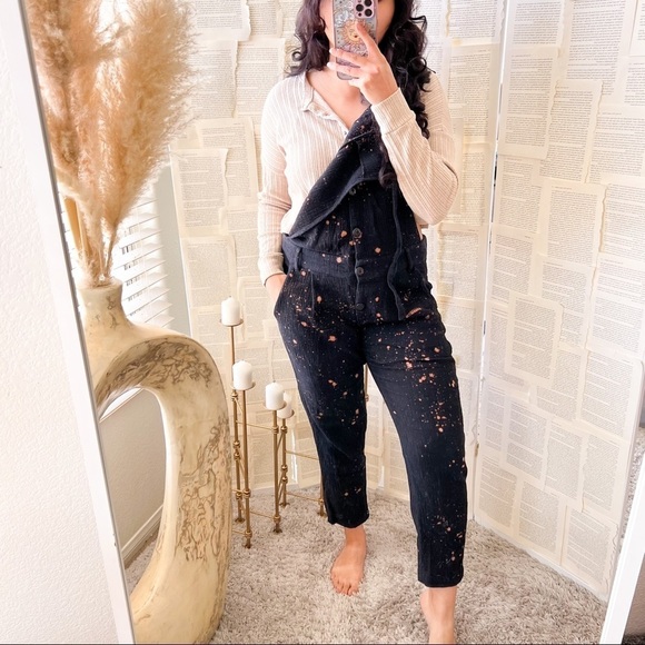 Boho Black & Bleached Splattered Woven Button Front Jumpsuit - Picture 2 of 16